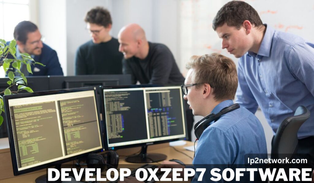 A team of software developers collaborating in an office. One developer is actively coding on a dual-monitor setup while another closely observes. Three other team members are engaged in discussion in the background. The text overlay reads "Develop Oxzep7 Software" with the website "lp2network.com" in the bottom-right corner.
