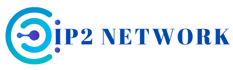 Logo of IP2 Network featuring a stylized circular design resembling a network or circuit in gradient blue and teal on the left, followed by the text "IP2 NETWORK" in bold blue capital letters.