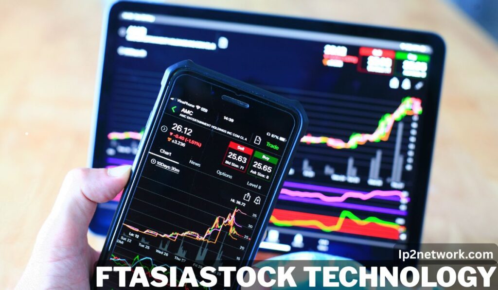 A hand holding a smartphone displaying a stock trading app focused on AMC Entertainment Holdings, showing stock prices and charts. In the background, a laptop screen shows various colorful stock market charts and data. The text overlay reads "FTASIASTOCK TECHNOLOGY" with the website "lp2network.com" in the bottom-right corner.
