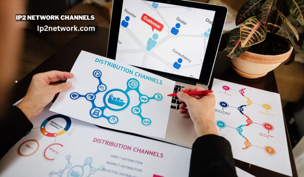 “Person analyzing distribution channel charts with laptop displaying customer and reseller network connections – IP2 network channels concept.”