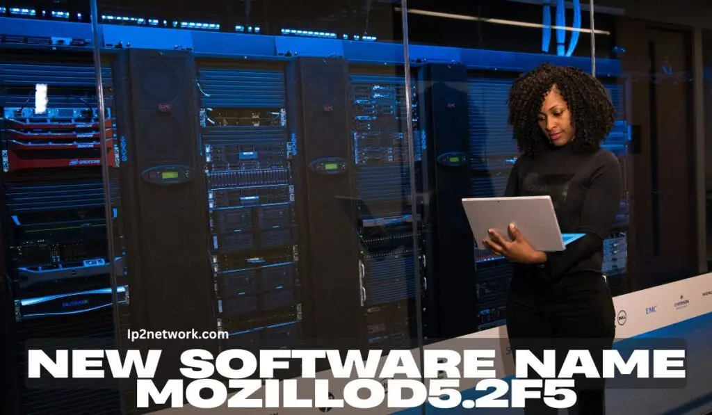 A woman using a laptop in a modern data center with servers, representing the launch of new software name Mozillod5.2f5 by ip2network.com.