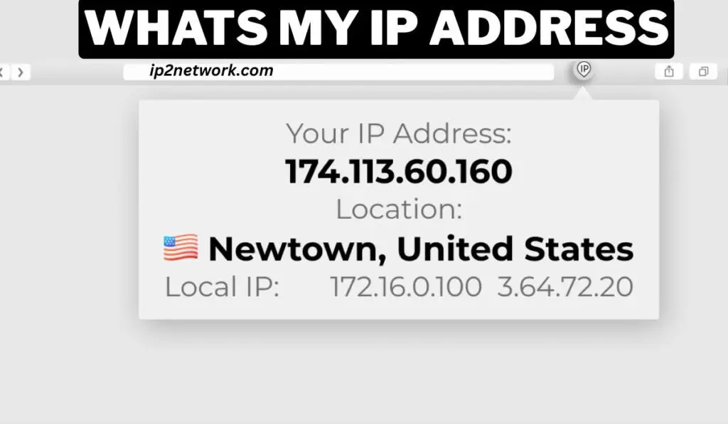 The image shows a web page from ip2network.com displaying IP information. The visible text reads: “WHATS MY IP ADDRESS” Your IP Address: 174.113.60.160 Location: 🇺🇸 Newtown, United States Local IP: 172.16.0.100 3.64.72.20