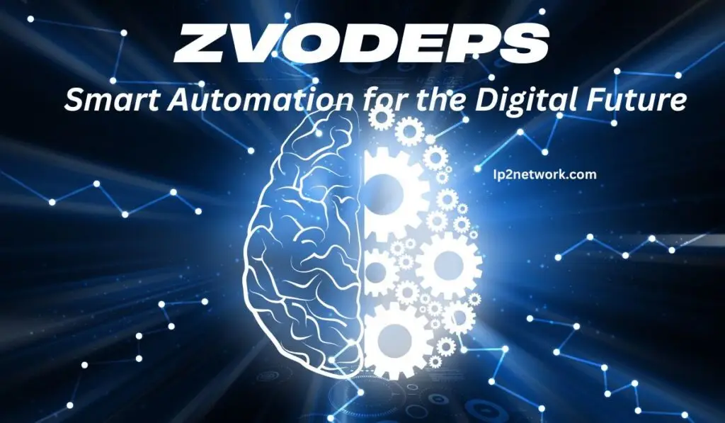 Illustration showing a digital brain half made of circuits and half of gears, symbolizing smart automation and AI technology with the text “Zvodeps – Smart Automation for the Digital Future” and the website ip2network.com.