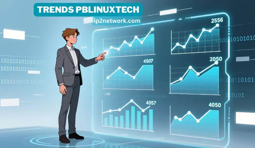 "Business professional analyzing digital charts and data trends on a futuristic screen with the text 'Trends PBLinuxTech' and ip2network.com branding."