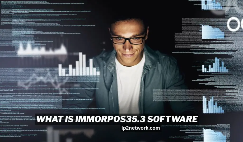 A man working on a computer with data charts, graphs, and code overlays, representing Immorpos35.3 software and its advanced digital integration features. What is immorpos35.3 software explore with ip2network.com.