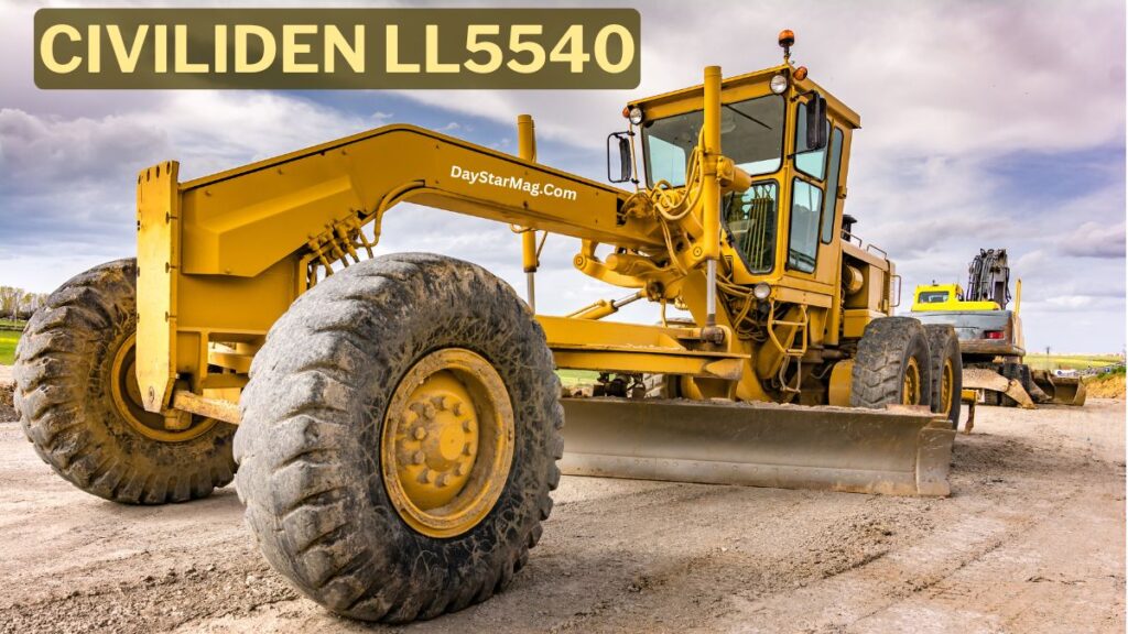 A large yellow road grader with oversized rugged tires is parked on a dirt construction site. The machine’s front blade is lowered, and another piece of heavy equipment is visible in the background. The text “CIVILIDEN LL5540” appears at the top, and “DayStarMag.com” is written on the grader’s frame.
