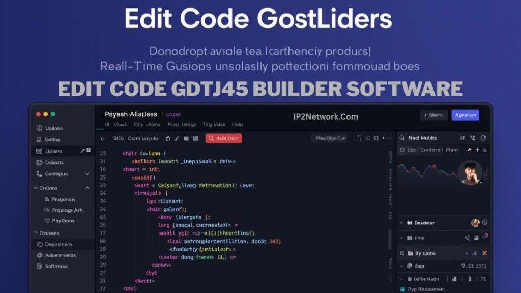 A promotional graphic for editing code in the GDTJ45 Builder Software, featuring a dark-themed code editor interface with multicolored syntax highlighting. The top section displays large text reading “Edit Code GostLiders” and “EDIT CODE GDTJ45 BUILDER SOFTWARE.” Additional placeholder text appears above the editor window, with the website name IP2Network.com on the right.
