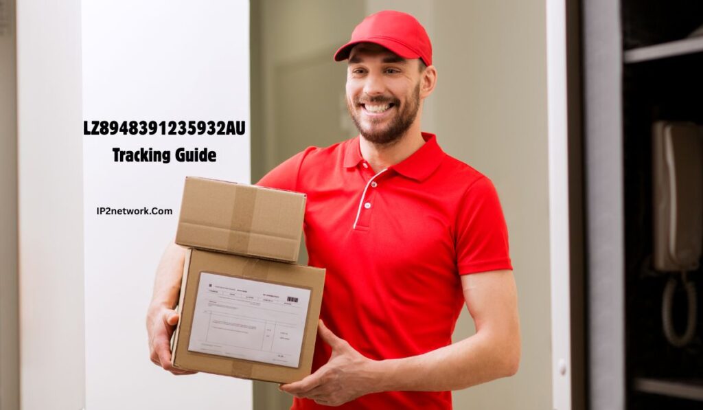 “A smiling delivery worker wearing a red uniform and cap is holding two cardboard packages. Text on the left side reads ‘LZ8948391235932AU Tracking Guide’ and ‘IP2network.com.’”