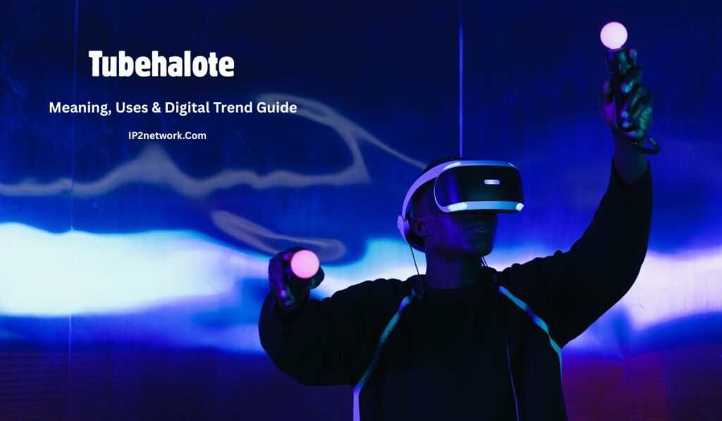“A person wearing a VR headset holds two glowing motion controllers while standing in a blue and purple neon-lit environment. Text on the left reads ‘Tubehalote – Meaning, Uses & Digital Trend Guide’ and ‘IP2network.com.’”