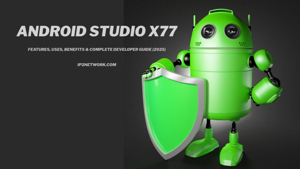 A green robot resembling the Android mascot stands holding a large green shield. Text on the left reads “Android Studio X77 – Features, Uses, Benefits & Complete Developer Guide (2025)” along with “IP2Network.com.” The background is dark with a split gradient design.