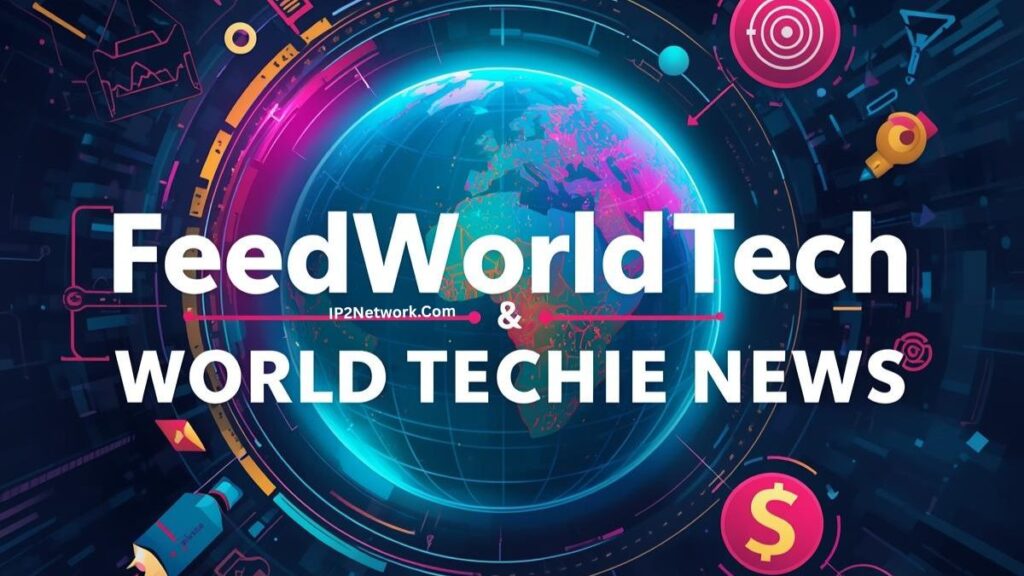 A vibrant digital graphic showing a glowing globe surrounded by futuristic tech elements and icons, with bold text reading “FeedWorldTech” and “World Techie News.” The design represents global technology updates and modern digital innovation, featuring the branding of IP2Network.com. Keywords: feedworldtech world techie news by feedbuzzard.