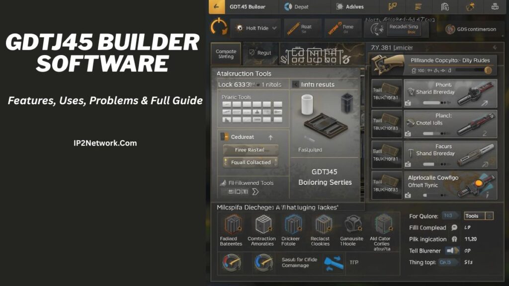 A promotional graphic for “GDTJ45 Builder Software” showing a dark interface with various tool icons, panels, and settings related to digital building or crafting functions. The left side of the image displays bold text that reads “GDTJ45 Builder Software – Features, Uses, Problems & Full Guide,” along with the website name IP2Network.com.