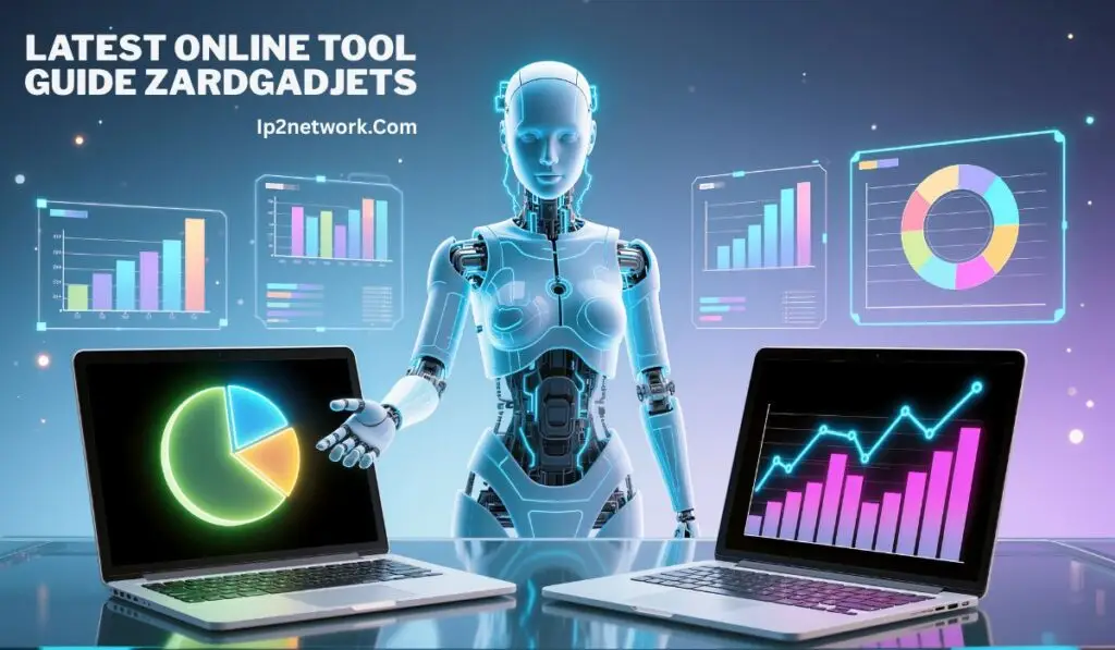 A futuristic robot stands between two open laptops displaying colorful charts and graphs. In the background, holographic data visualizations with bar and pie charts are floating. The text on the image reads “LATEST ONLINE TOOL GUIDE ZARDGADJETS” and “Ip2network.Com.”