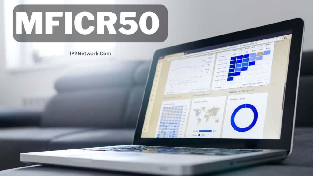 A laptop displaying analytics charts and graphs on the screen, placed on a sofa table, with the text “MFICR50” and “IP2Network.com” written at the top left of the image.