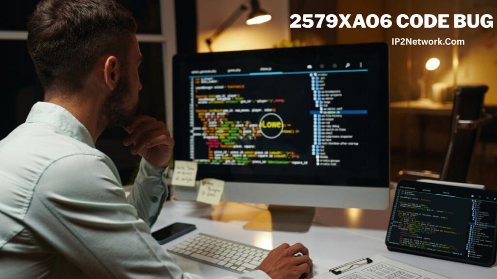 “Developer analyzing code on a computer screen to troubleshoot the 2579xao6 Code Bug, with programming tools and devices on the desk.”