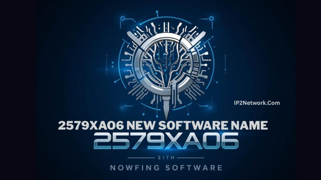 Futuristic blue tech-themed graphic featuring a digital circuit emblem and bold text displaying “2579xao6 New Software Name” and “Nowfing Software,” with the website IP2Network.com on the right side.