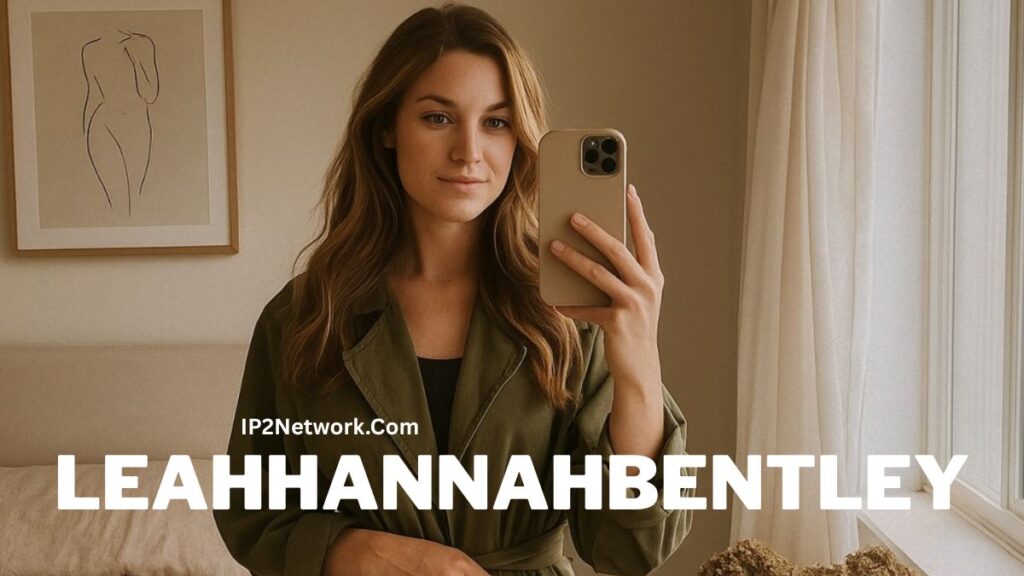 A woman taking a mirror selfie in a softly lit room, wearing an olive-green jacket, with the text “LEAHHANNAHBENTLEY” overlaid at the bottom.