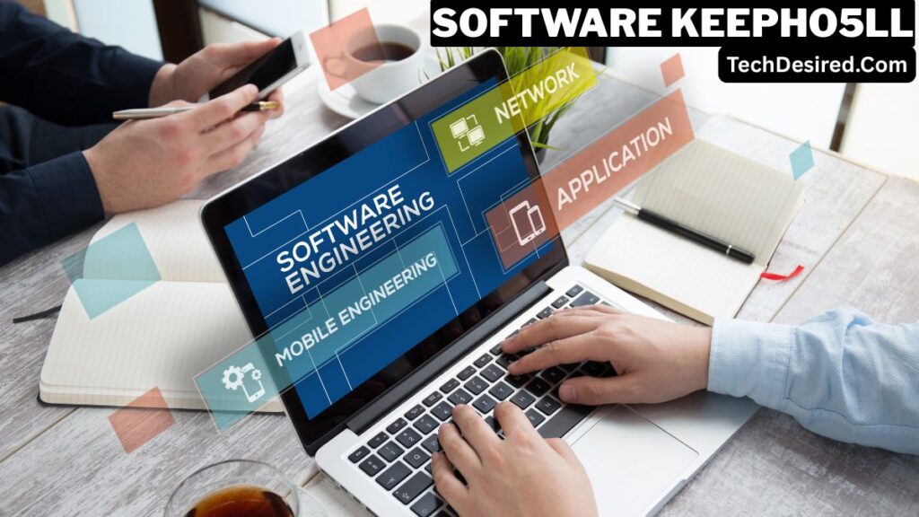 A person types on a laptop displaying a digital interface with labels such as “Software Engineering,” “Mobile Engineering,” “Network,” and “Application.” Another person sits nearby holding a smartphone, with notebooks, a pen, and a cup of coffee on the table. At the top, a bold black banner reads “SOFTWARE KEEPHO5LL,” along with “TechDesired.com” beside it.