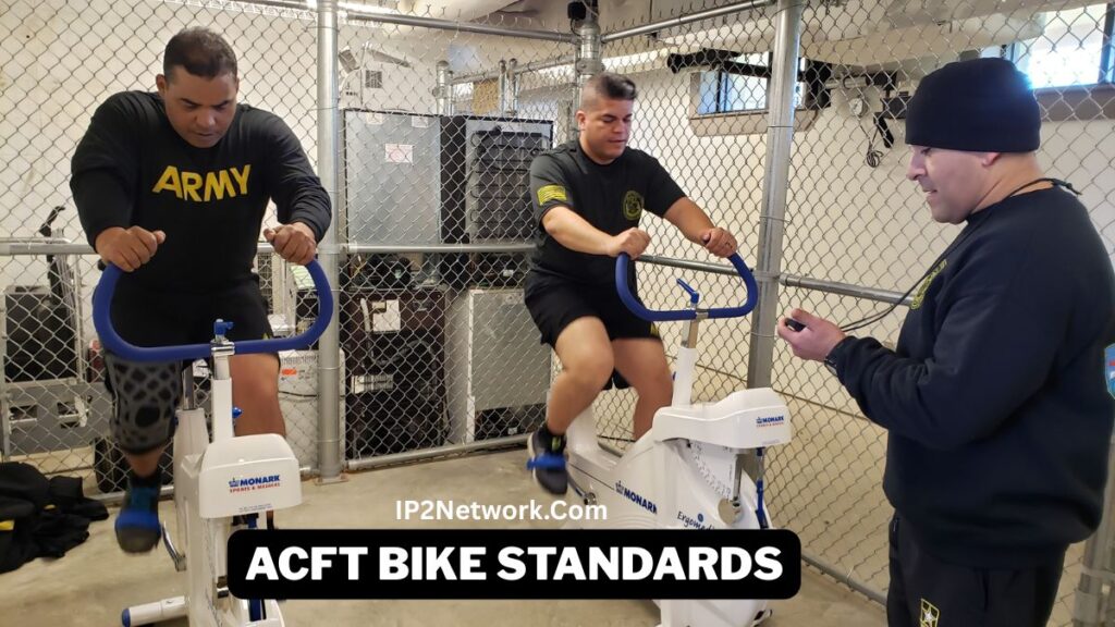 Three U.S. Army personnel in a training room with metal fencing; two service members are pedaling on stationary Monark exercise bikes while a third person, wearing a beanie and Army PT gear, times and monitors them. Text on the image reads “IP2Network.com – ACFT Bike Standards.”