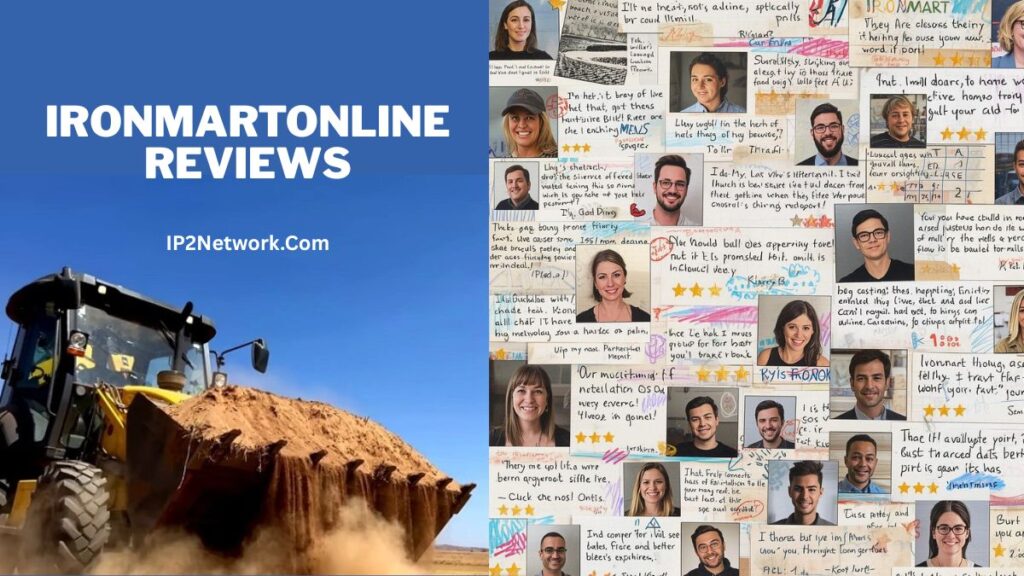A promotional graphic titled “IRONMARTONLINE REVIEWS” with the website “IP2Network.com” below it. The left side shows a large construction loader lifting a bucket full of dirt against a clear blue sky. The right side features a collage of customer review cards with handwritten notes, star ratings, and small portrait photos of various people.