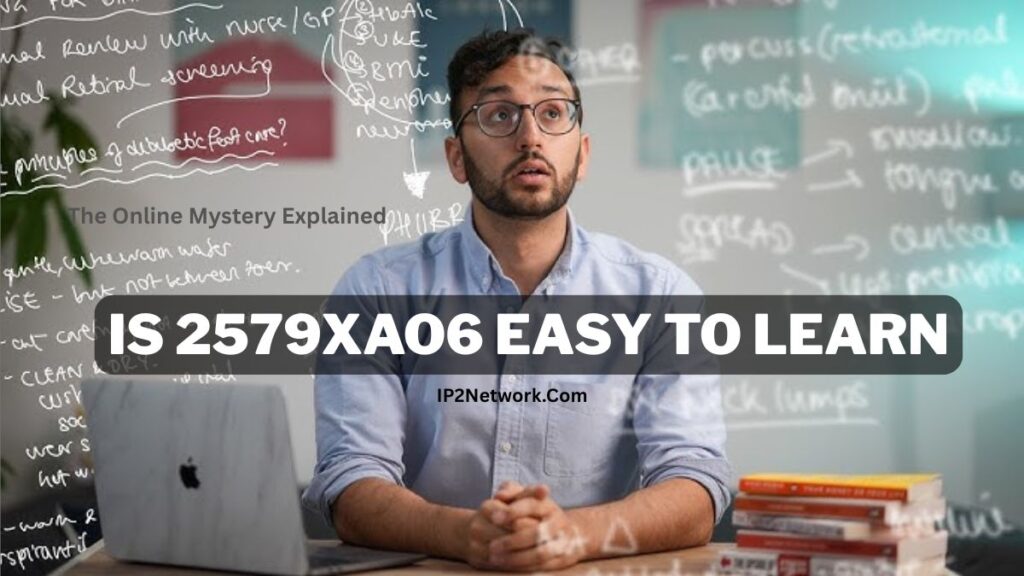 A man wearing glasses and a light blue shirt sits at a desk with an open laptop in front of him, looking upward thoughtfully. Behind him is a transparent board filled with handwritten notes and diagrams. Text on the image reads “The Online Mystery Explained,” “Is 2579xao6 Easy to Learn,” and “IP2Network.com.”